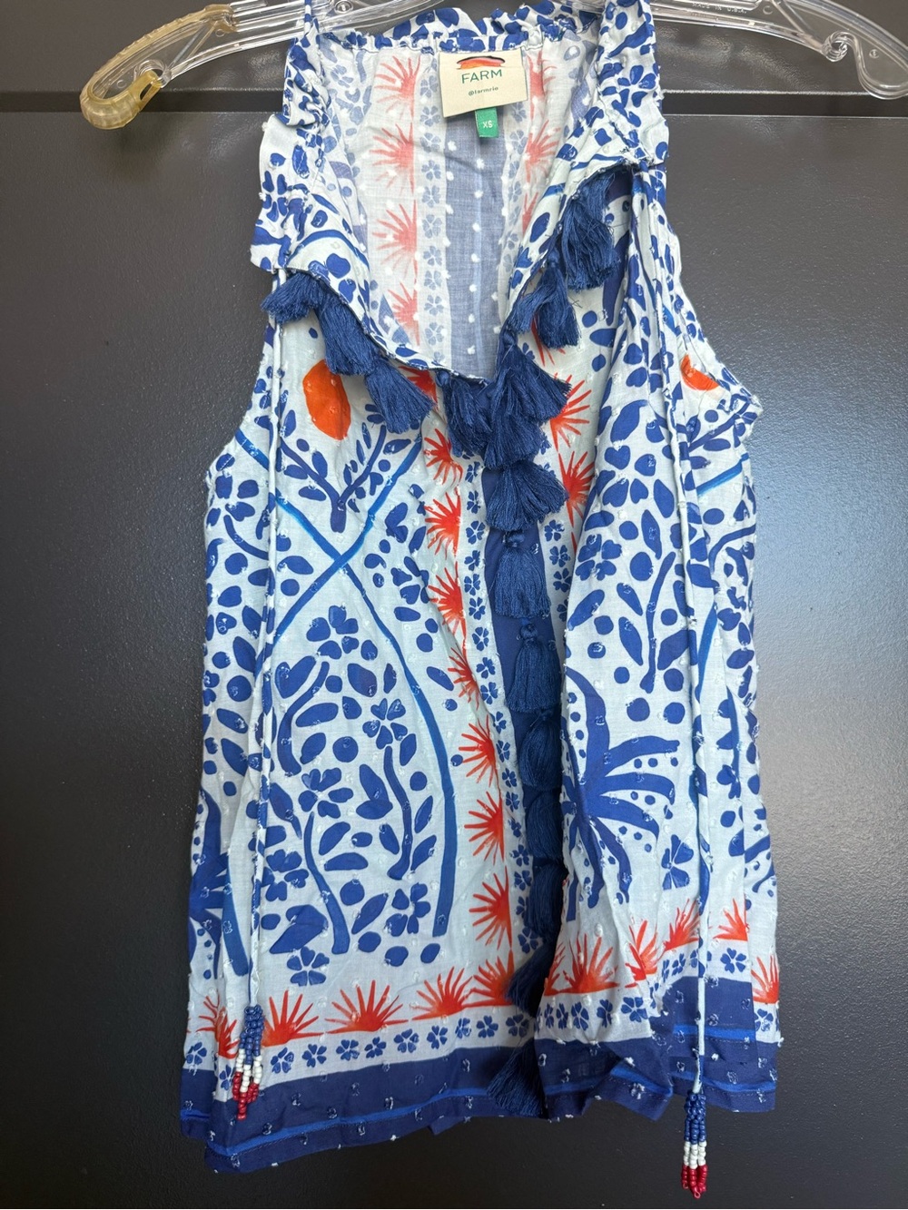 FARM Rio Blue, White & Orange Printed Tassel Camisole